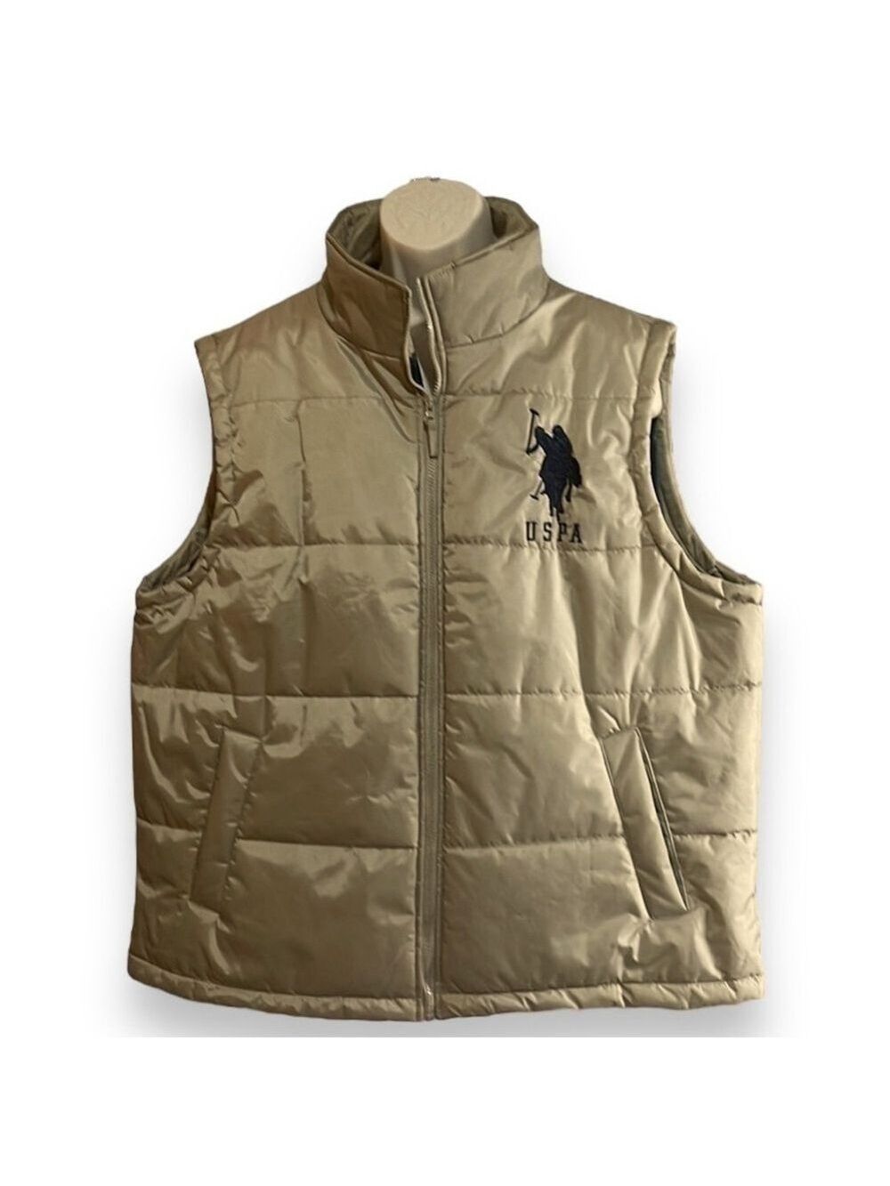 USPA US Polo ASSN. Puffer Vest Men's XXL Zip Up Tan/Khaki and Navy